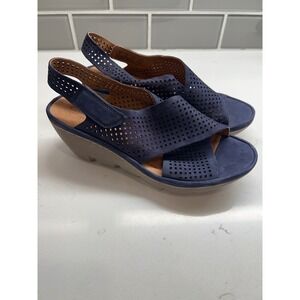 Clarks Navy Nubuck Leather‎ Clarene Award Wedge Slingback Sandals Women's 8.5M